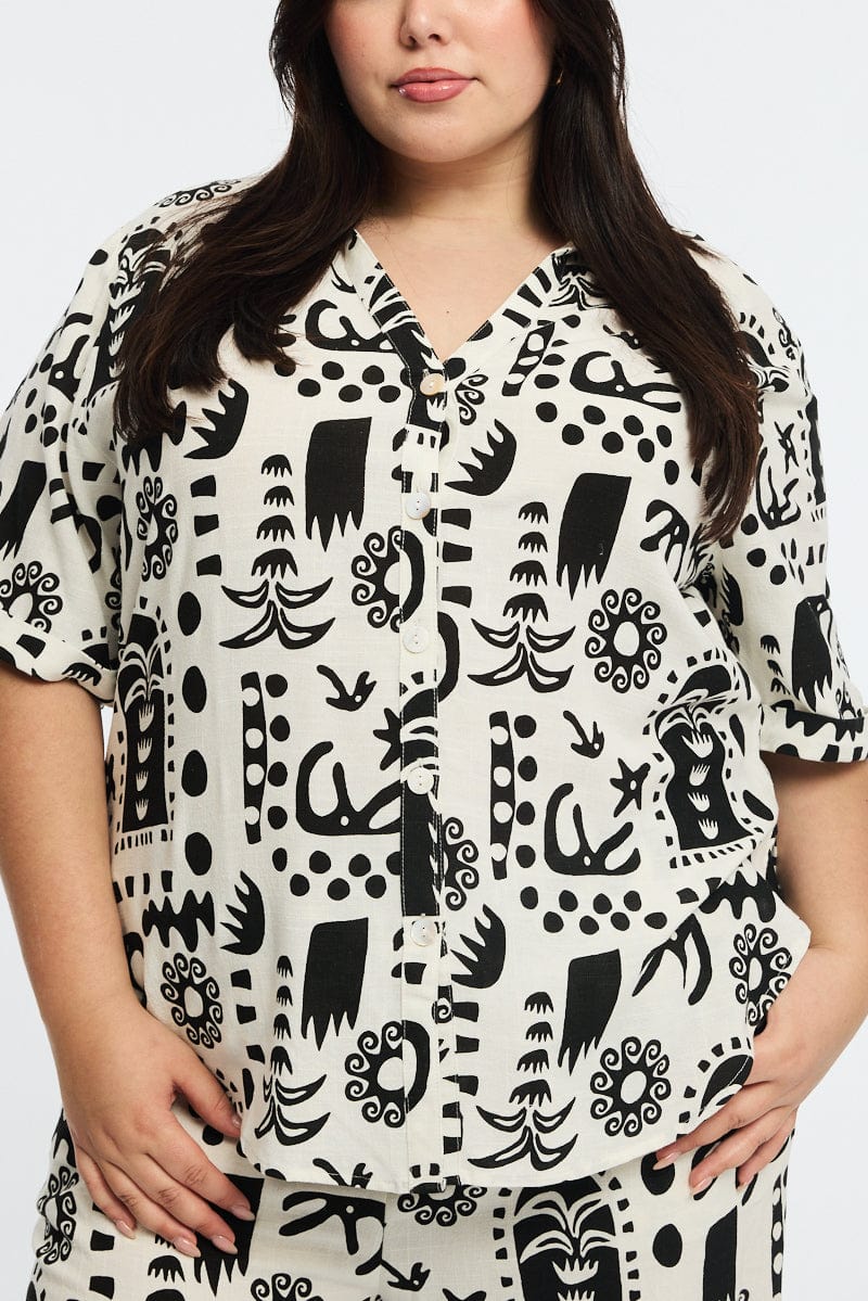 White Abstract Relaxed Shirt Short Sleeve Linen Blend for YouandAll Fashion