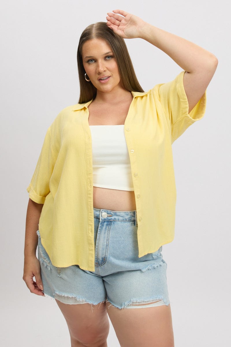 Yellow Relaxed Shirt Short Sleeve Linen Blend for YouandAll Fashion