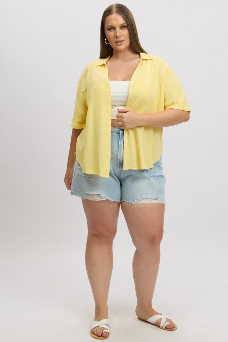 Yellow Relaxed Shirt Short Sleeve Linen Blend for YouandAll Fashion