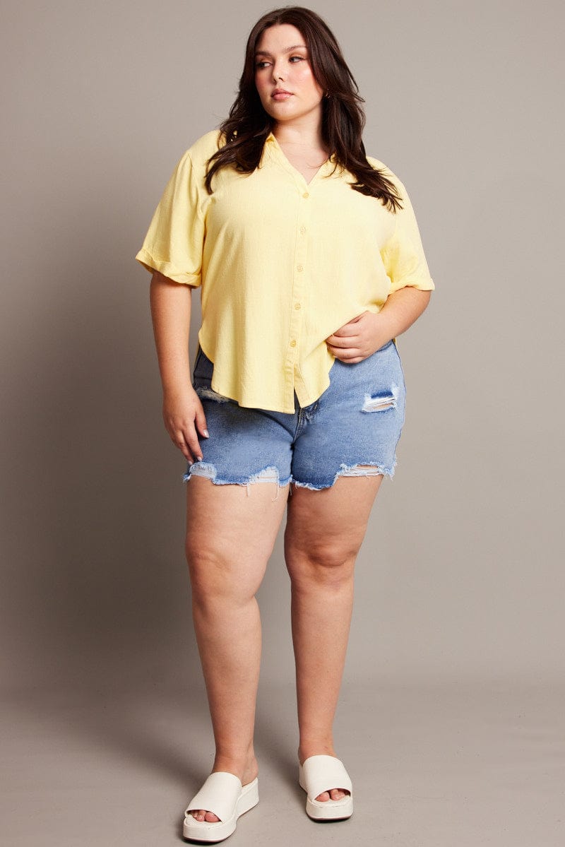 Yellow Relaxed Shirt Short Sleeve Linen Blend for YouandAll Fashion