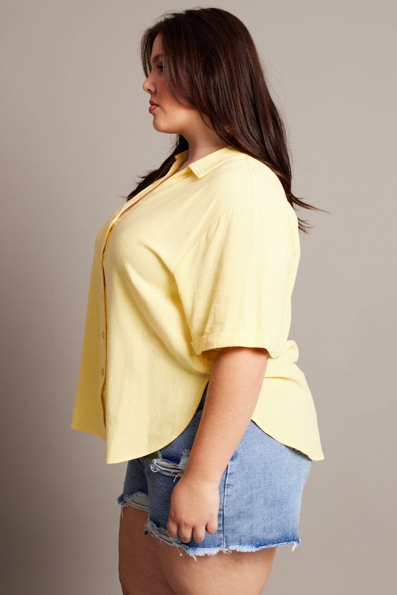 Yellow Relaxed Shirt Short Sleeve Linen Blend for YouandAll Fashion