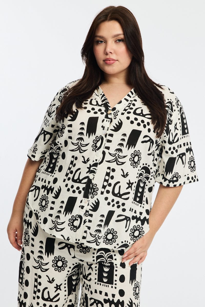 White Abstract Relaxed Shirt Short Sleeve for YouandAll Fashion