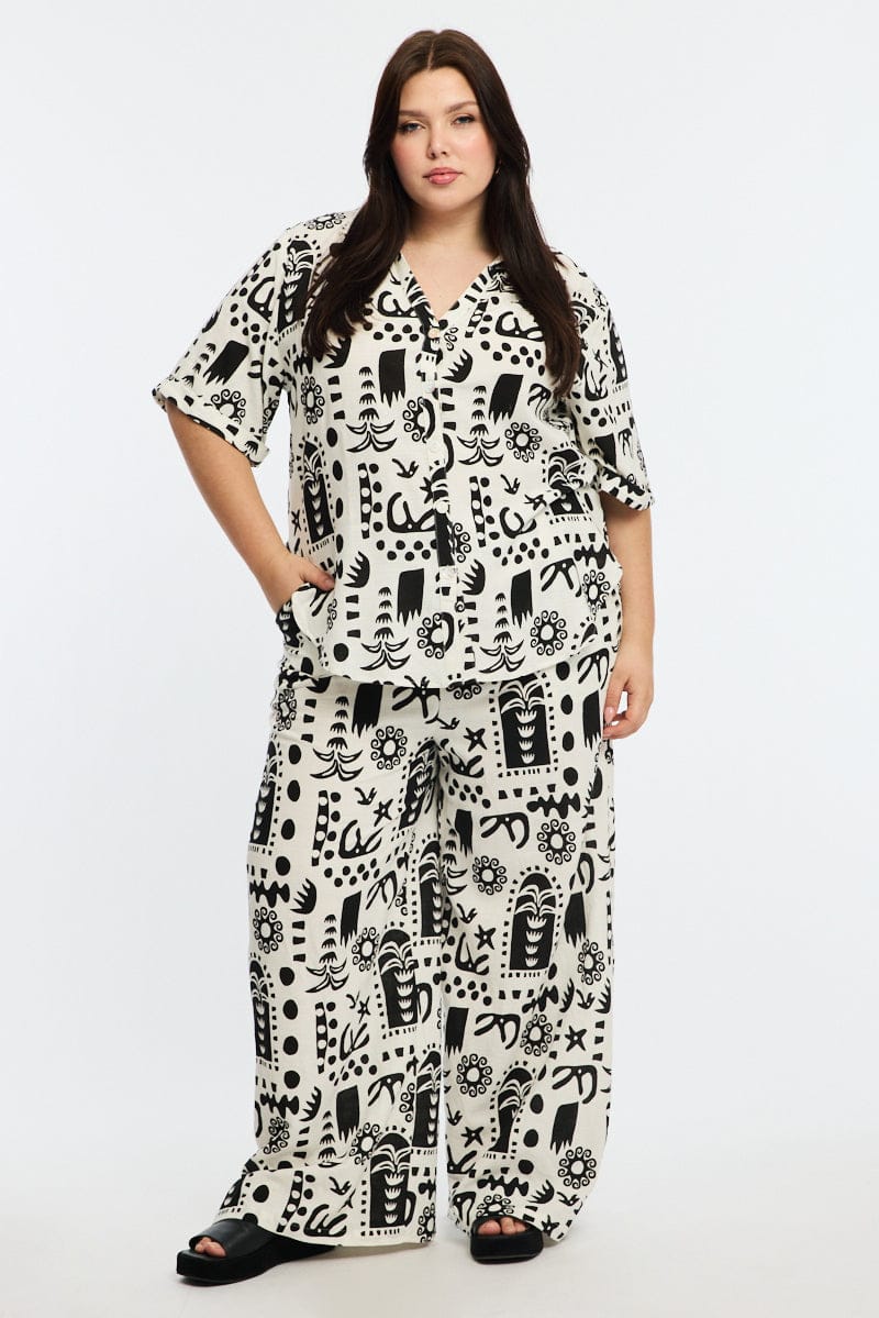 White Abstract Relaxed Shirt Short Sleeve for YouandAll Fashion