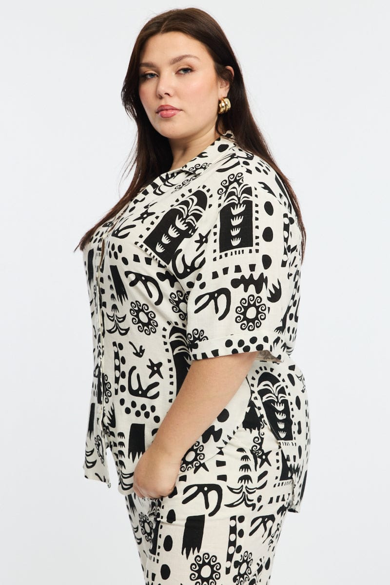 White Abstract Relaxed Shirt Short Sleeve for YouandAll Fashion