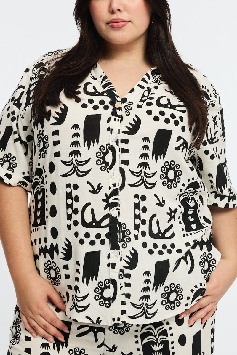 White Abstract Relaxed Shirt Short Sleeve for YouandAll Fashion