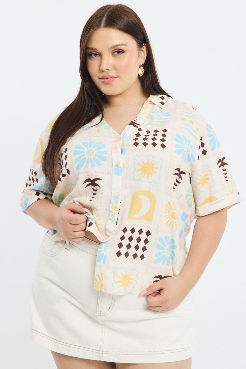 Multi Abstract Relaxed Shirt Short Sleeve Linen Blend for YouandAll Fashion