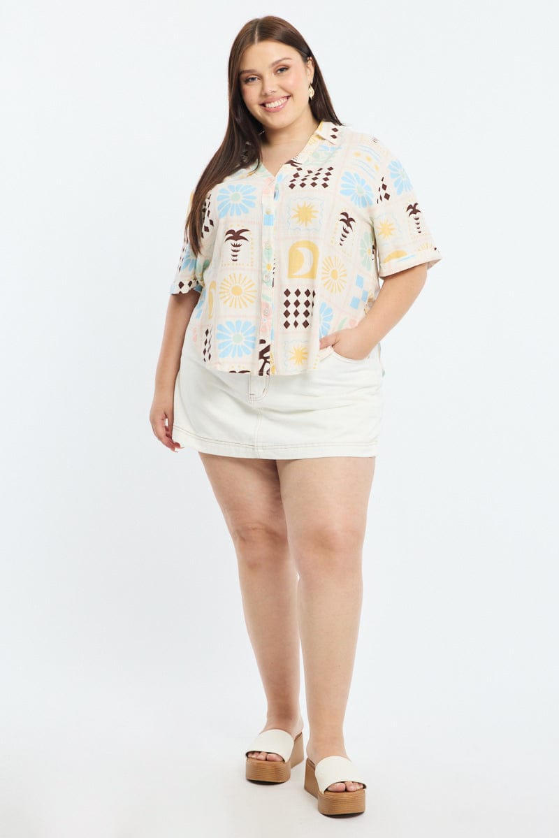 Multi Abstract Relaxed Shirt Short Sleeve Linen Blend for YouandAll Fashion