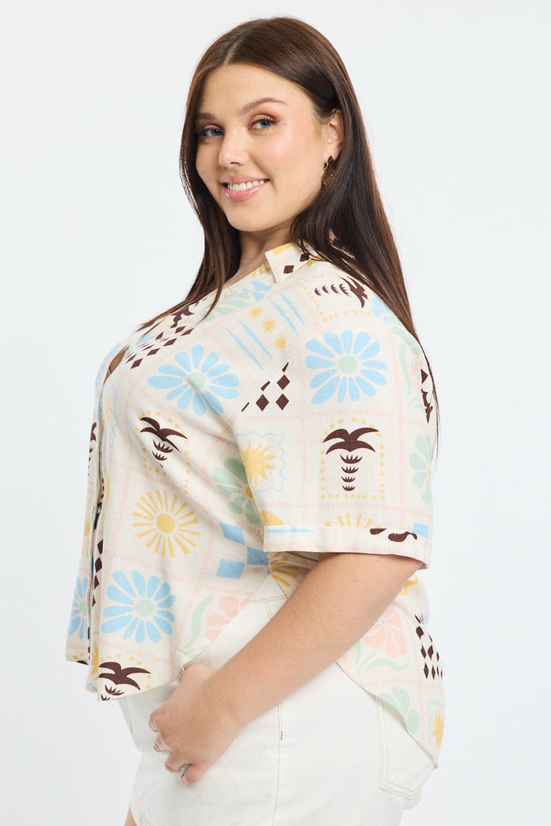 Multi Abstract Relaxed Shirt Short Sleeve Linen Blend for YouandAll Fashion