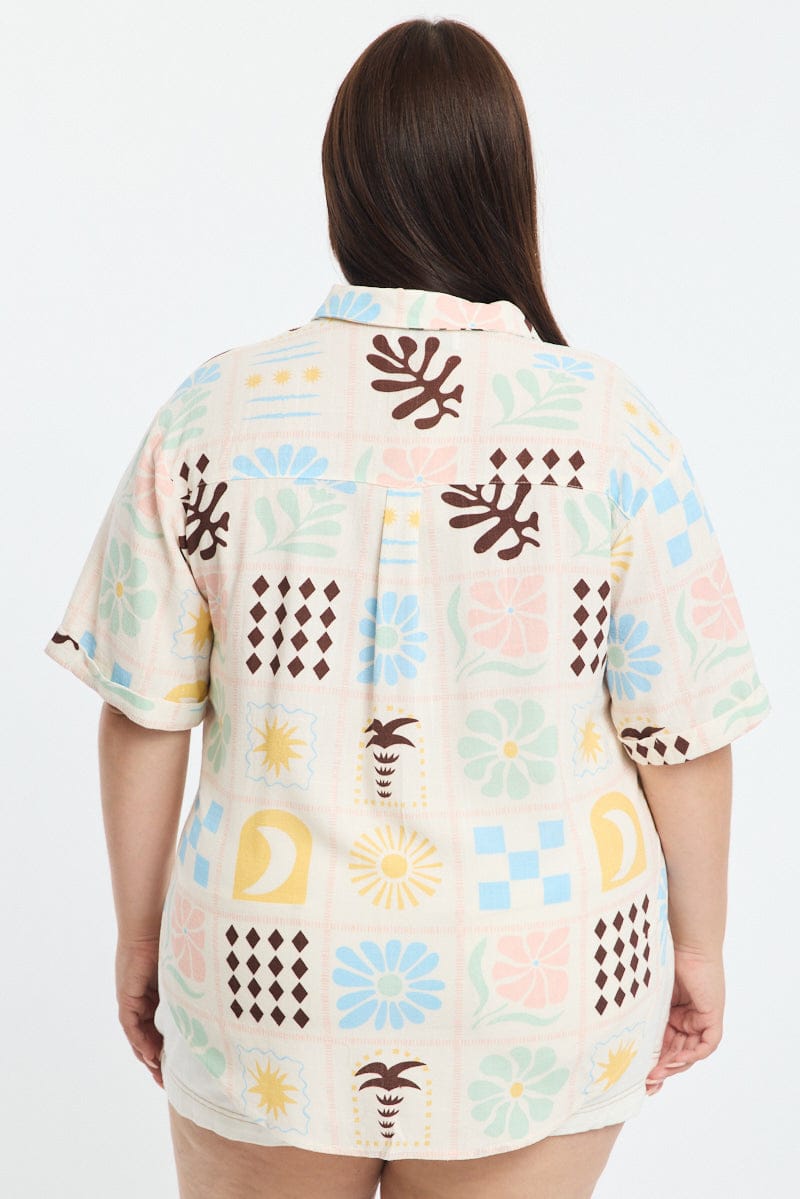 Multi Abstract Relaxed Shirt Short Sleeve Linen Blend for YouandAll Fashion