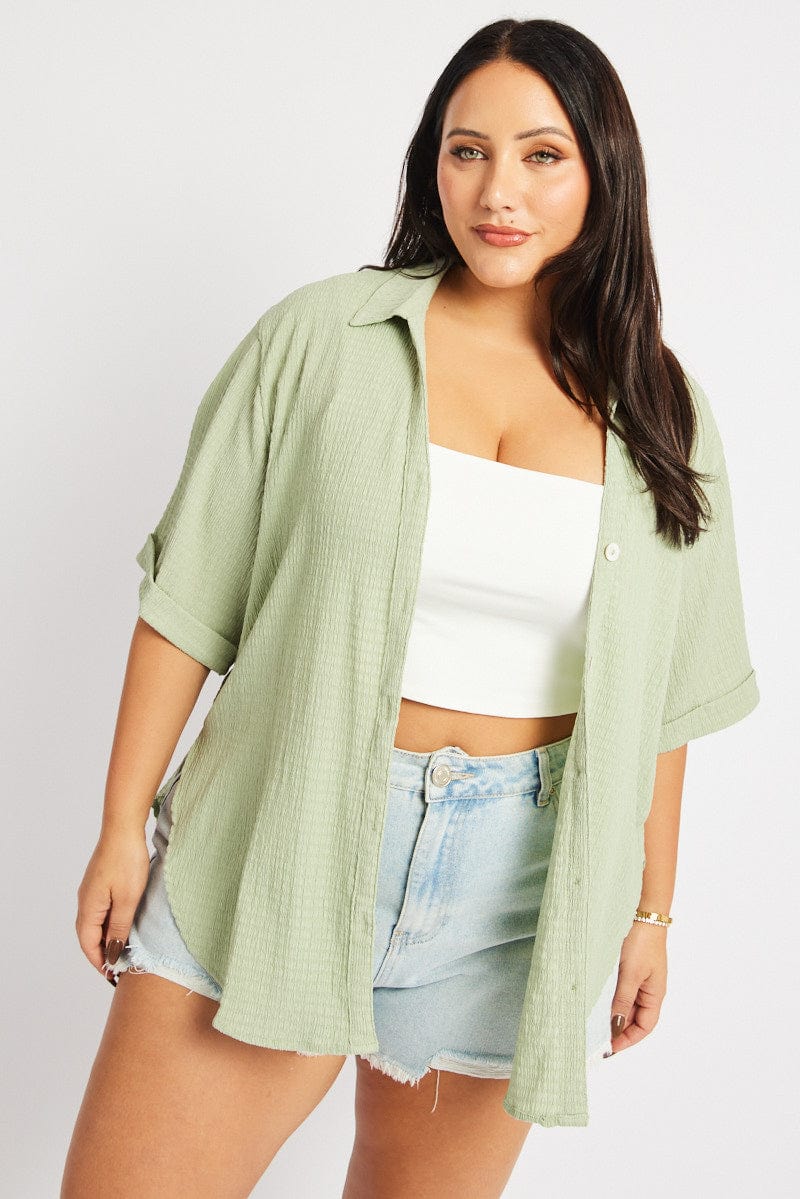 Green Relaxed Shirt Short Sleeve Textured for YouandAll Fashion