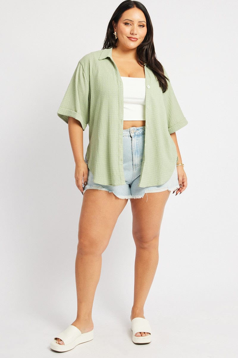 Green Relaxed Shirt Short Sleeve Textured for YouandAll Fashion