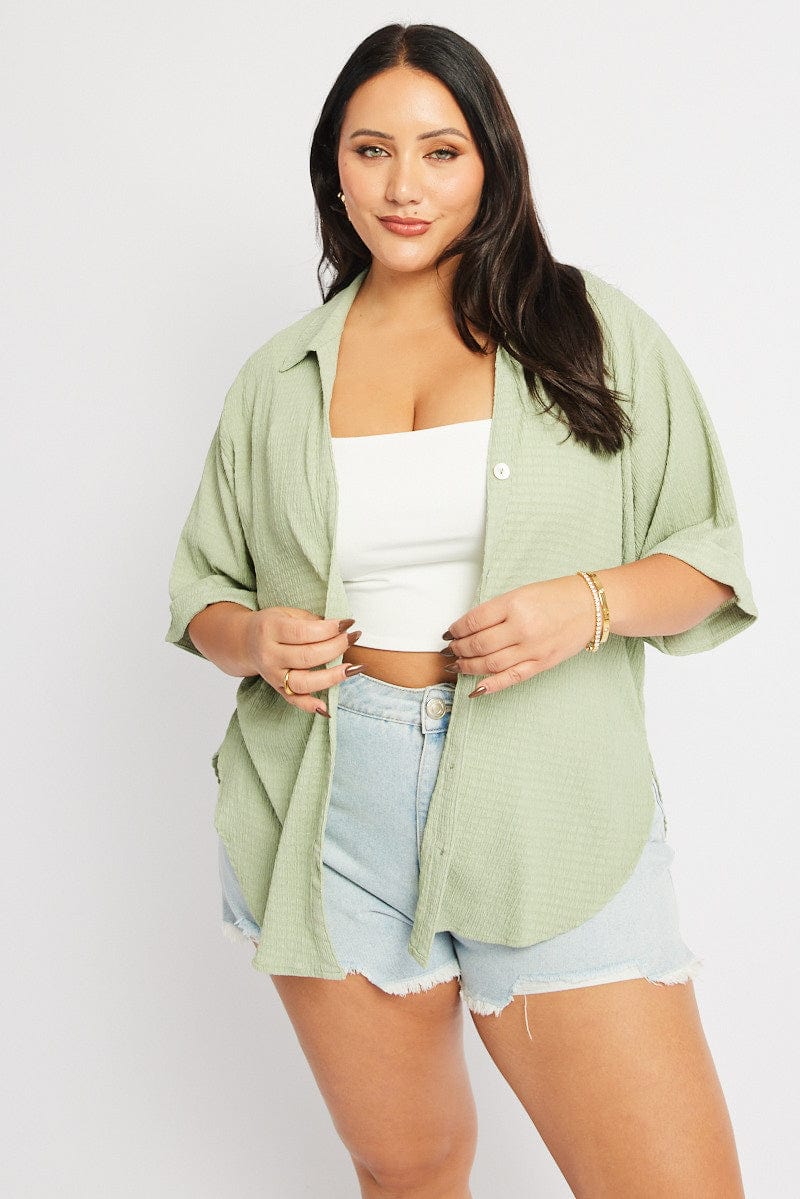 Green Relaxed Shirt Short Sleeve Textured for YouandAll Fashion