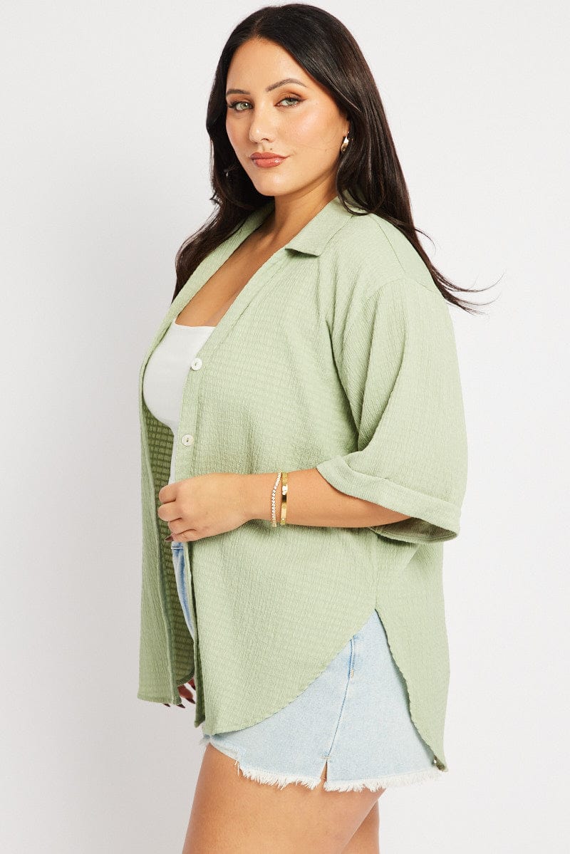 Green Relaxed Shirt Short Sleeve Textured for YouandAll Fashion