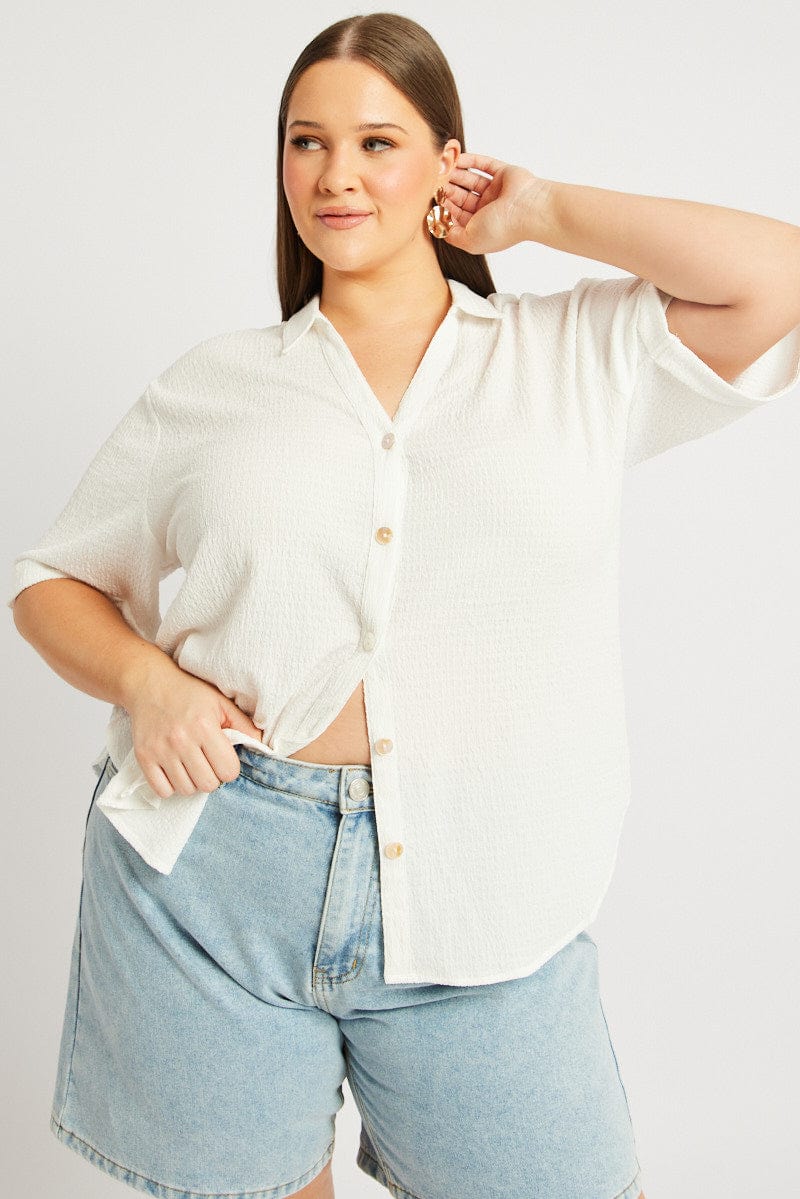 White Relaxed Shirt Short Sleeve Textured for YouandAll Fashion