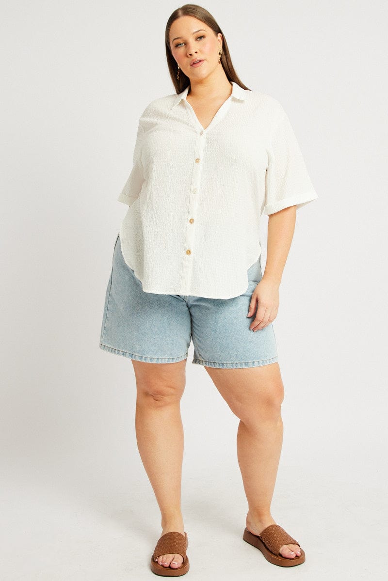 White Relaxed Shirt Short Sleeve Textured for YouandAll Fashion