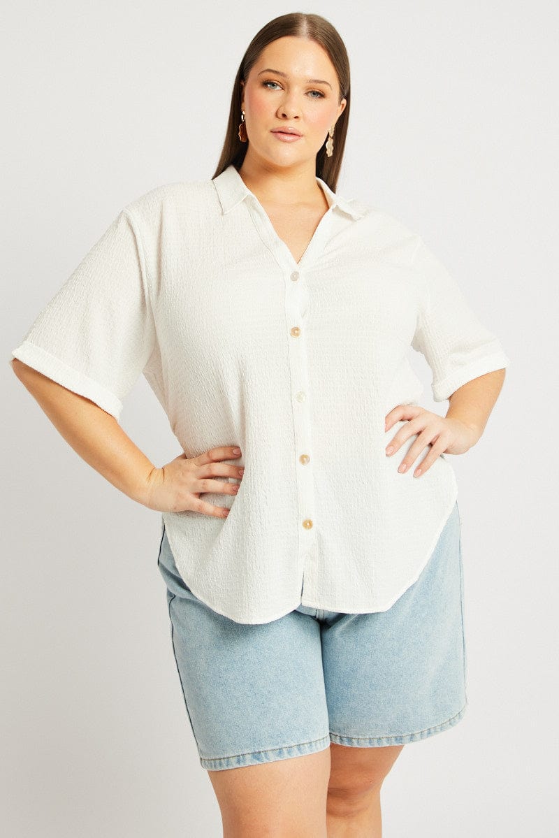 White Relaxed Shirt Short Sleeve Textured for YouandAll Fashion