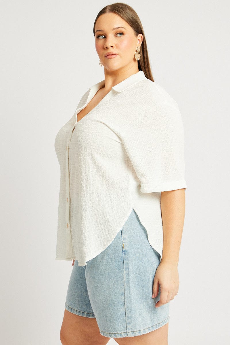 White Relaxed Shirt Short Sleeve Textured for YouandAll Fashion