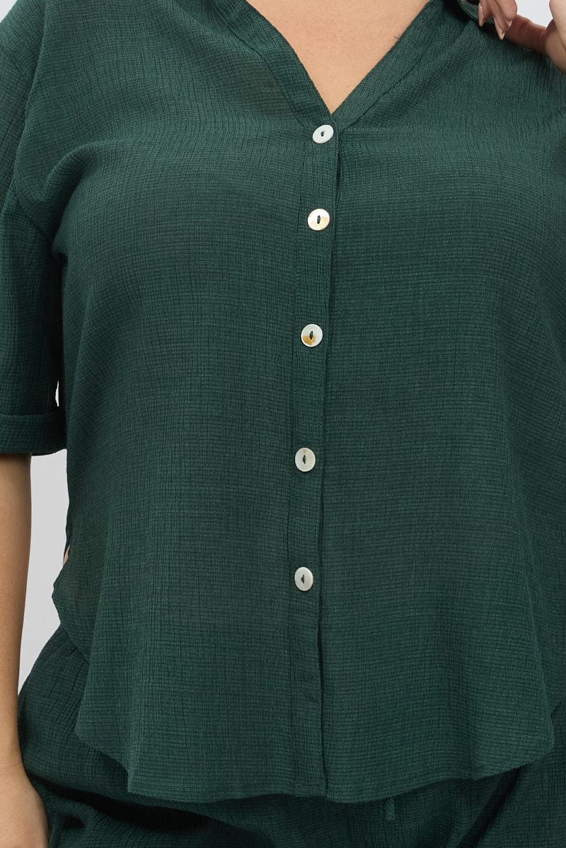 Green Relaxed Shirt Short Sleeve Textured for YouandAll Fashion