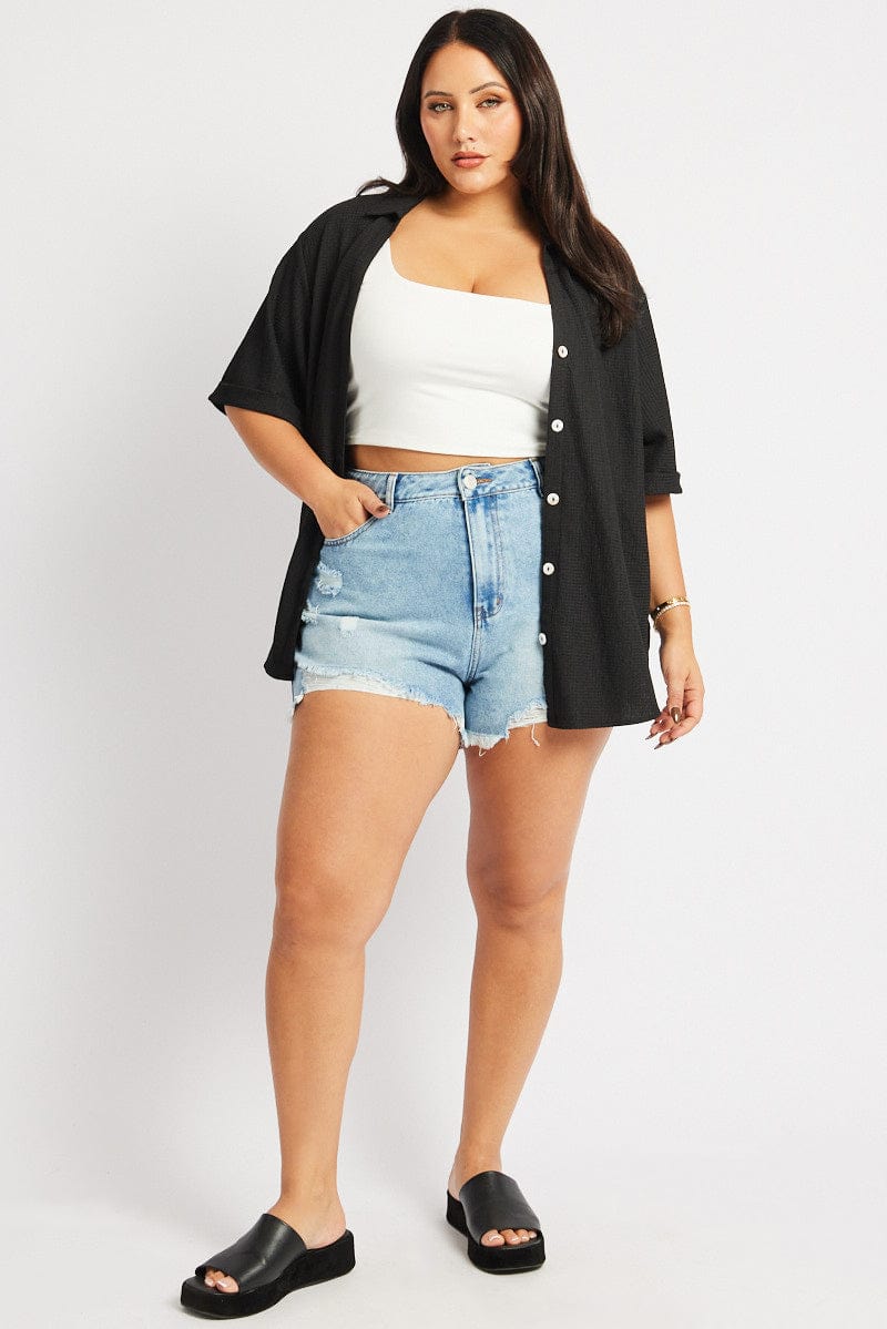 Black Relaxed Shirt Short Sleeve Textured for YouandAll Fashion