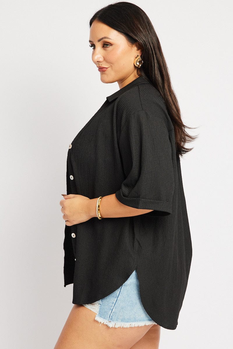 Black Relaxed Shirt Short Sleeve Textured for YouandAll Fashion