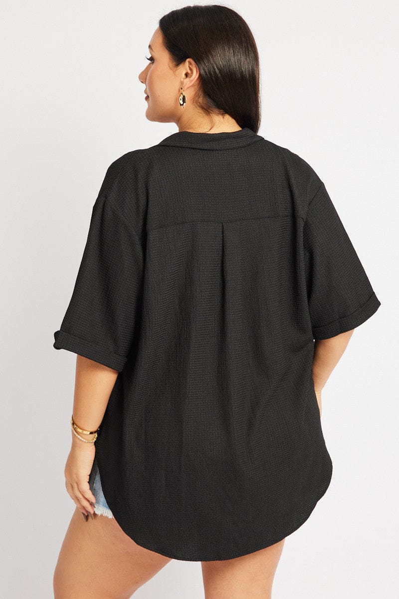 Black Relaxed Shirt Short Sleeve Textured for YouandAll Fashion