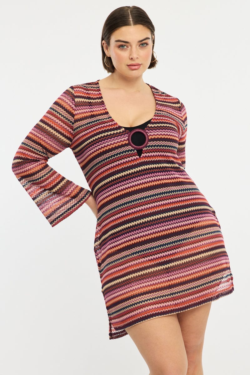 Multi Aztec Beach Cover Up Long Sleeve Long Top for YouandAll Fashion