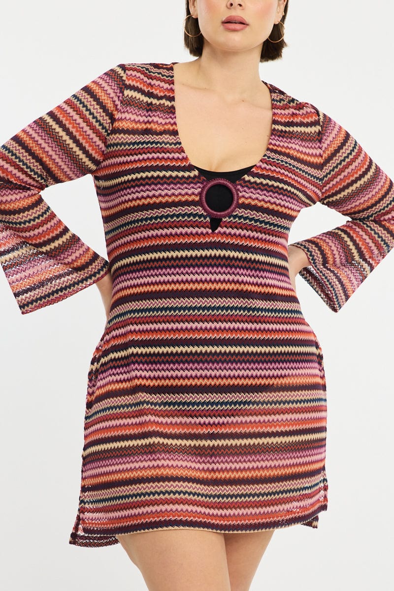 Multi Aztec Beach Cover Up Long Sleeve Long Top for YouandAll Fashion