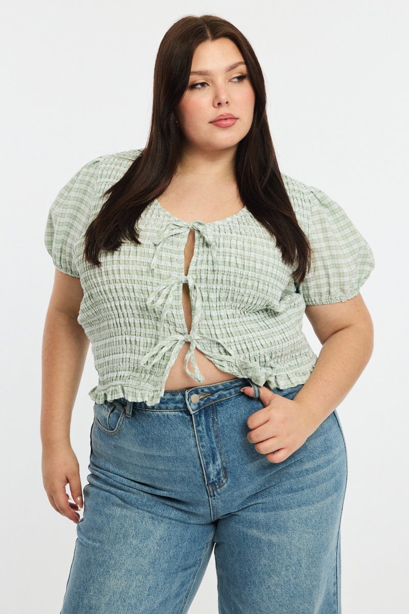 Green Check Shirred Top Short Sleeve Tie Front for YouandAll Fashion