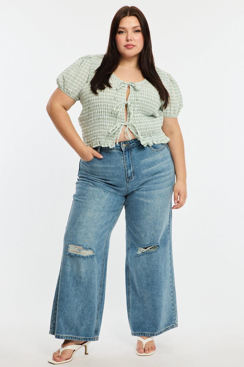 Green Check Shirred Top Short Sleeve Tie Front for YouandAll Fashion