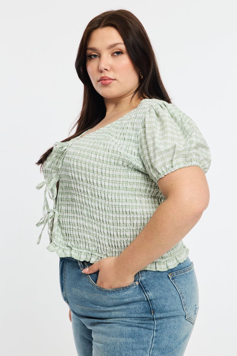 Green Check Shirred Top Short Sleeve Tie Front for YouandAll Fashion