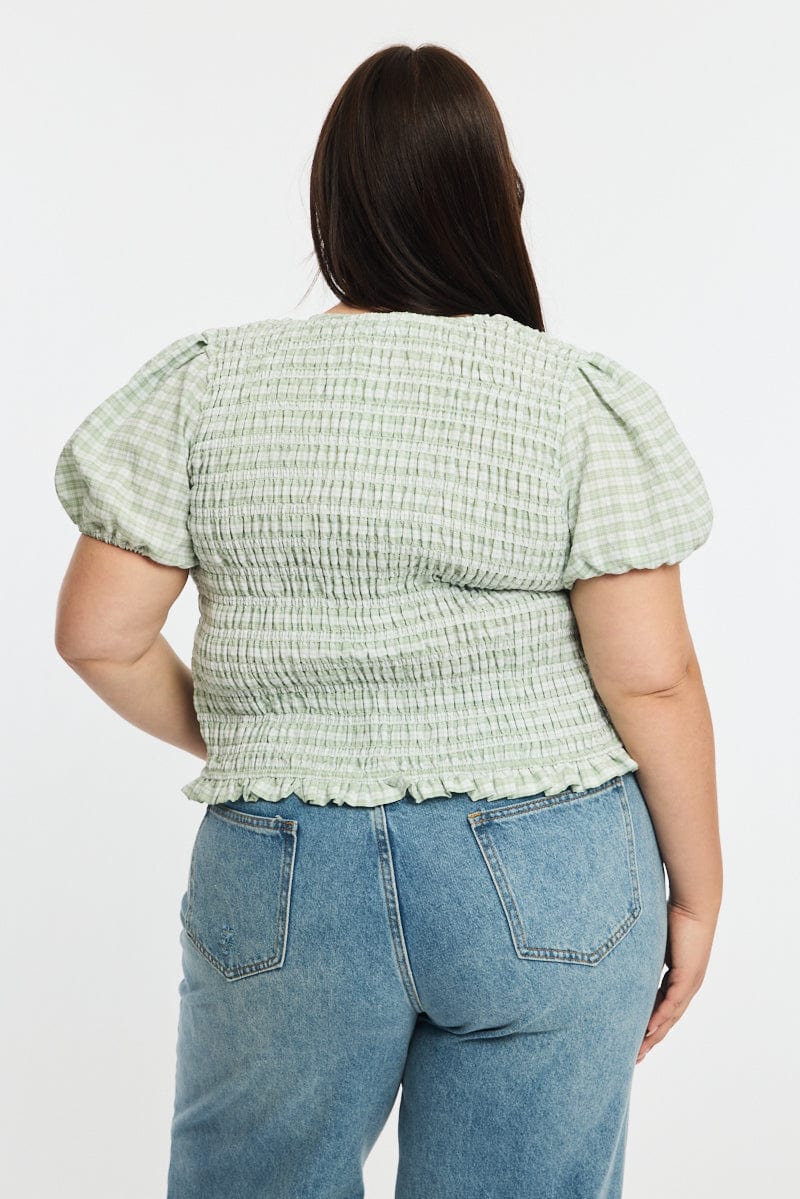 Green Check Shirred Top Short Sleeve Tie Front for YouandAll Fashion