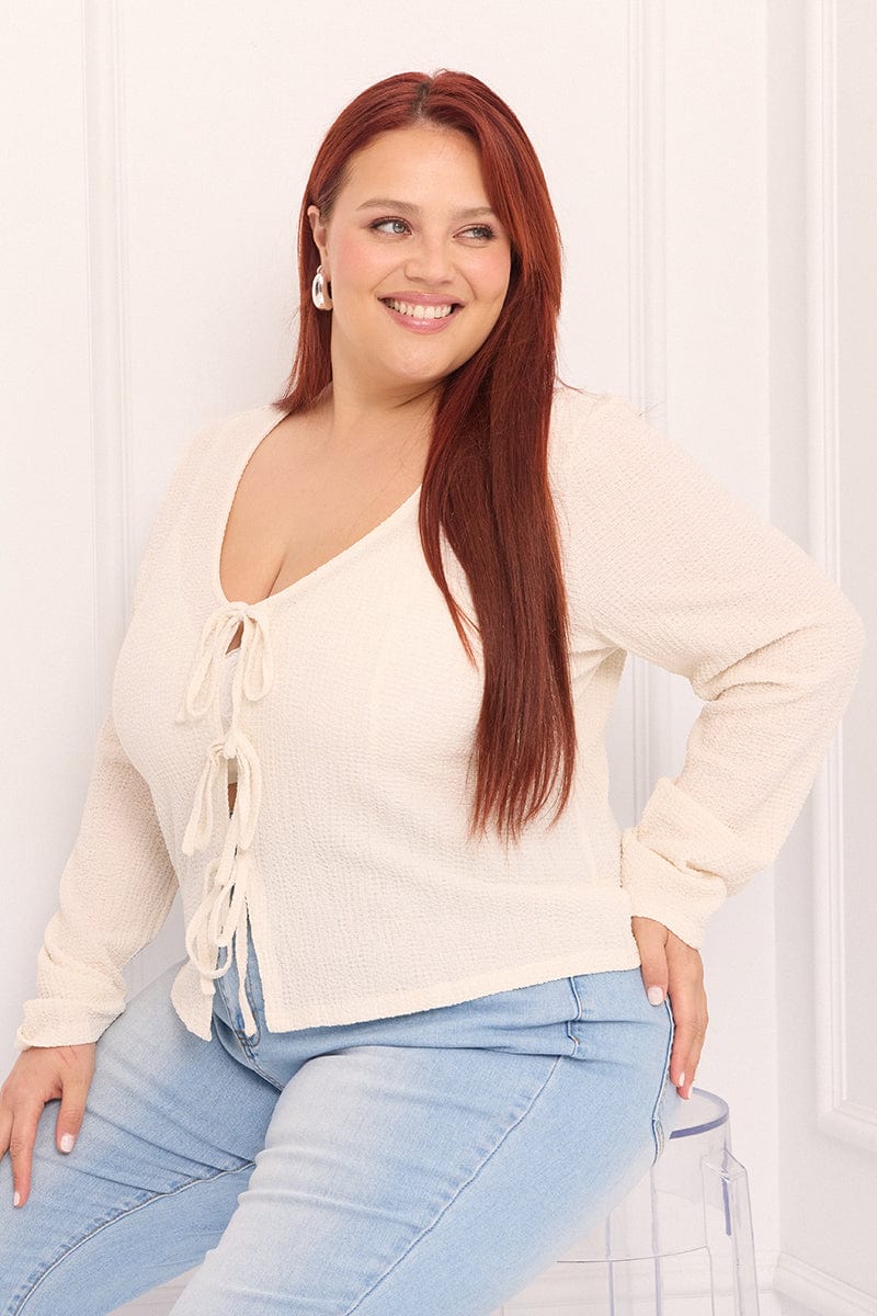 White Tie Front Top Long Sleeve for YouandAll Fashion