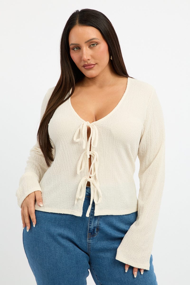 White Tie Front Top Long Sleeve for YouandAll Fashion