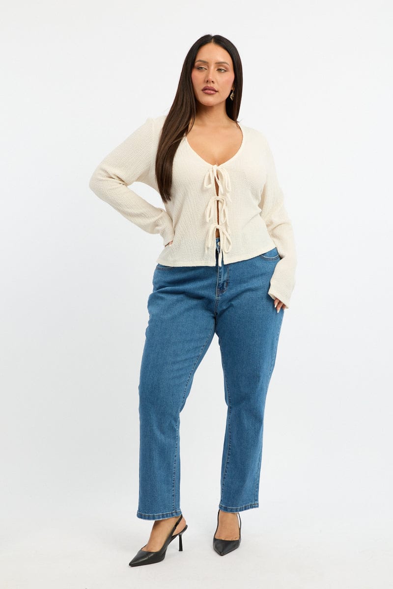 White Tie Front Top Long Sleeve for YouandAll Fashion