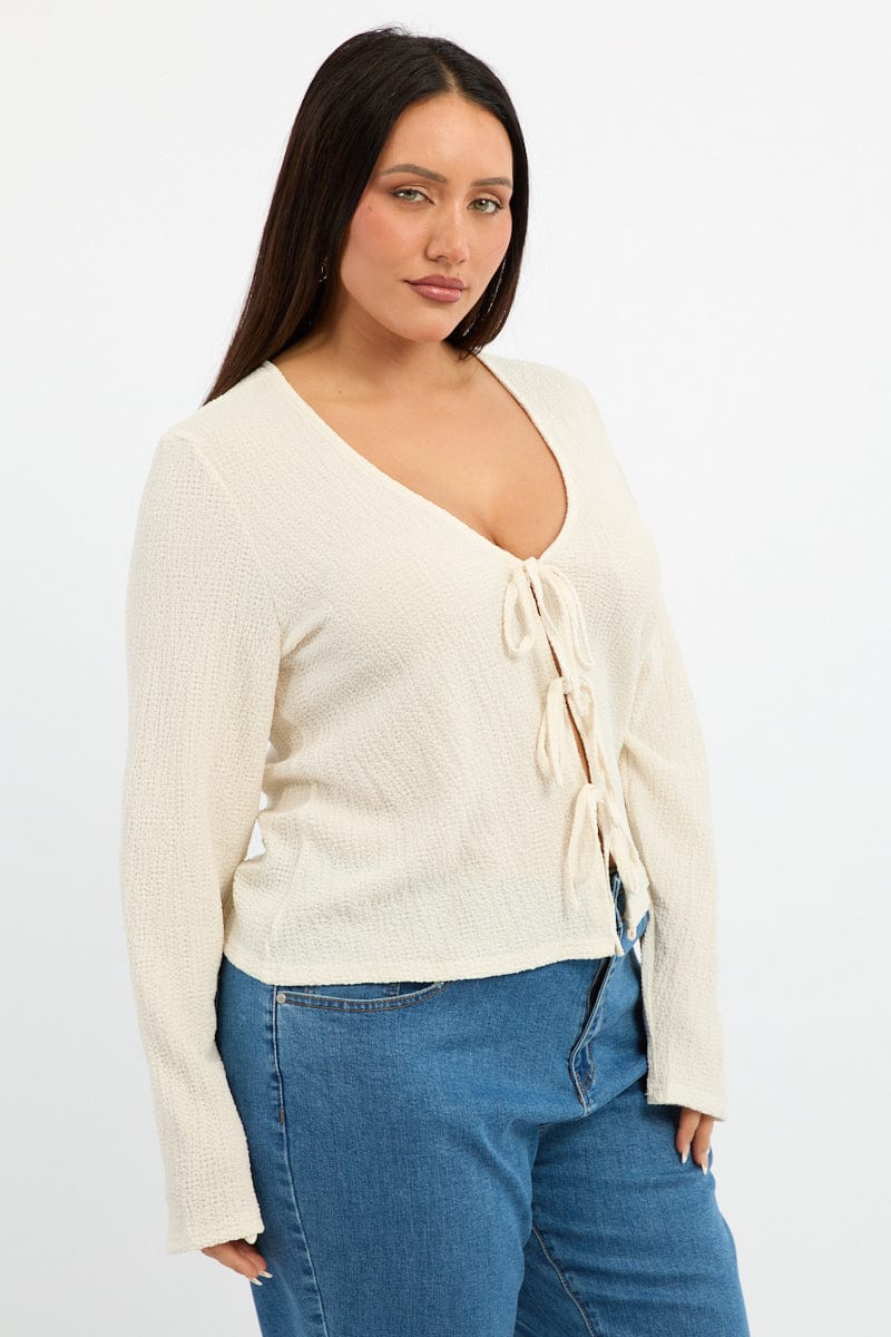 White Tie Front Top Long Sleeve for YouandAll Fashion