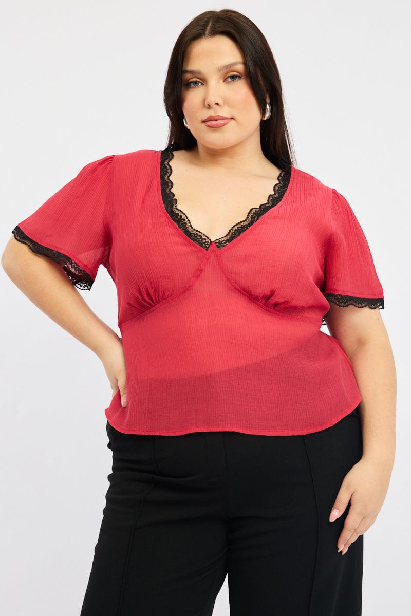 Red Crop Top short sleeve Lace Trim for YouandAll Fashion