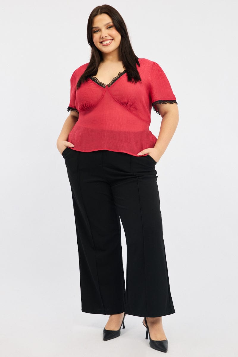 Red Crop Top short sleeve Lace Trim for YouandAll Fashion