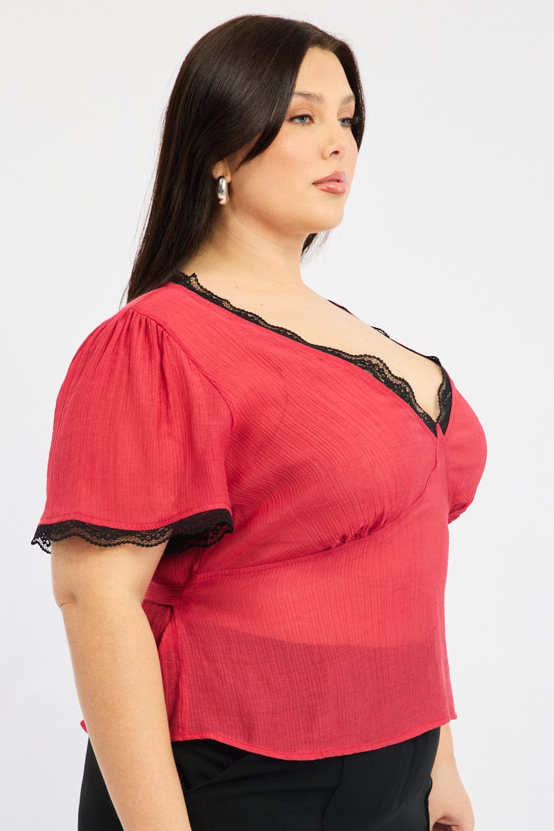 Red Crop Top short sleeve Lace Trim for YouandAll Fashion