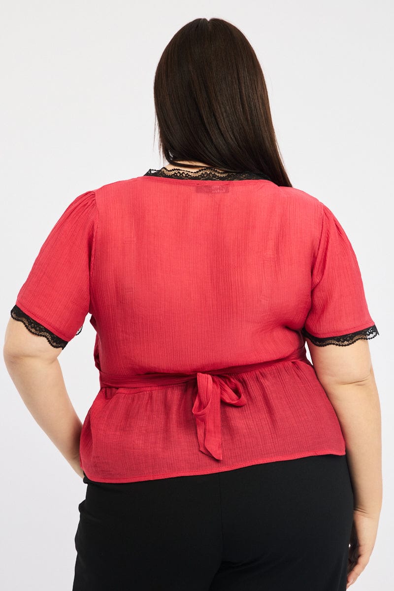 Red Crop Top short sleeve Lace Trim for YouandAll Fashion