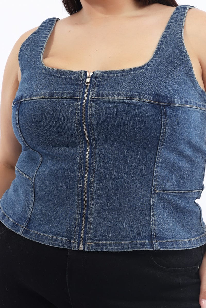 Denim Denim Top Sleeveless Zip Front for YouandAll Fashion