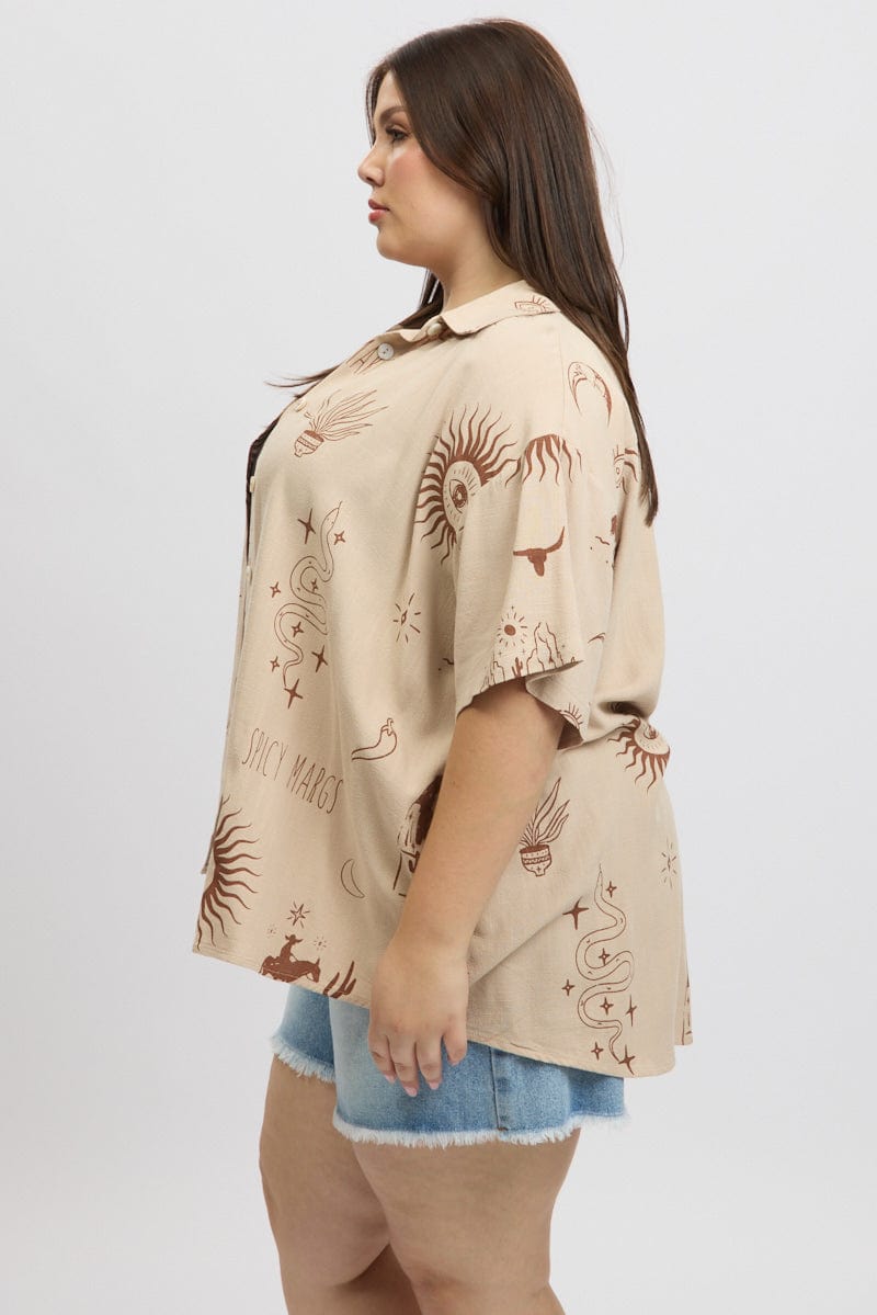 Beige Abstract Relaxed Shirt Short Sleeve for YouandAll Fashion