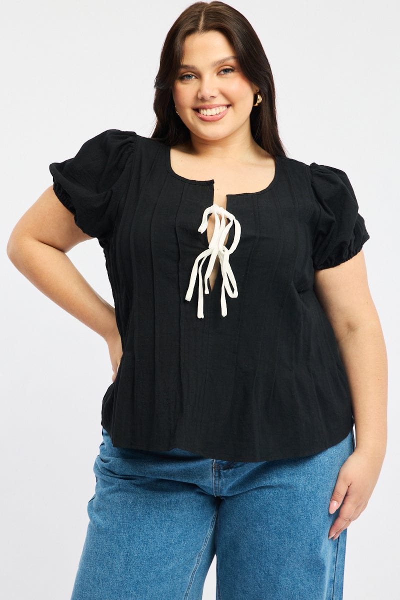 Black Tie Front Top Short Sleeve for YouandAll Fashion