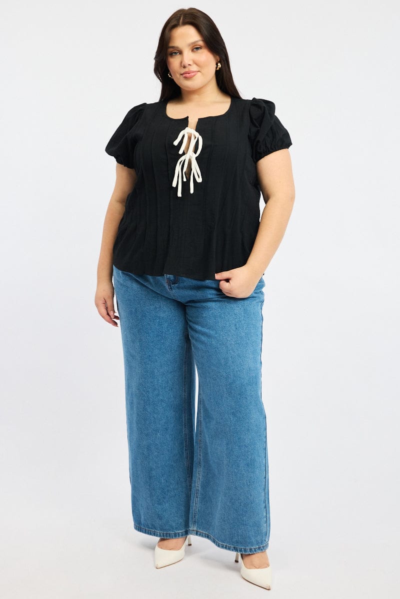 Black Tie Front Top Short Sleeve for YouandAll Fashion