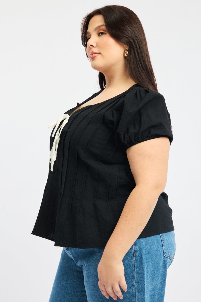 Black Tie Front Top Short Sleeve for YouandAll Fashion