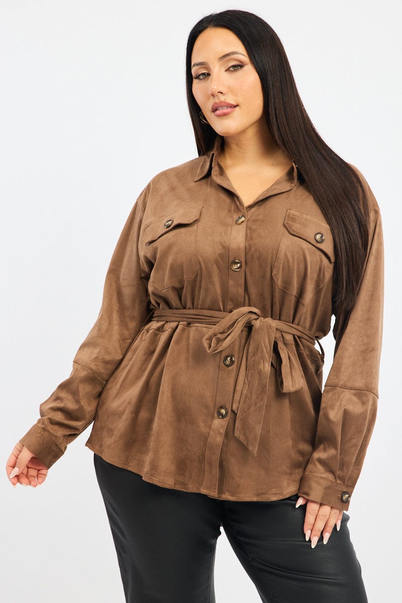 Brown Suede Shirt Long Sleeve Belted for YouandAll Fashion