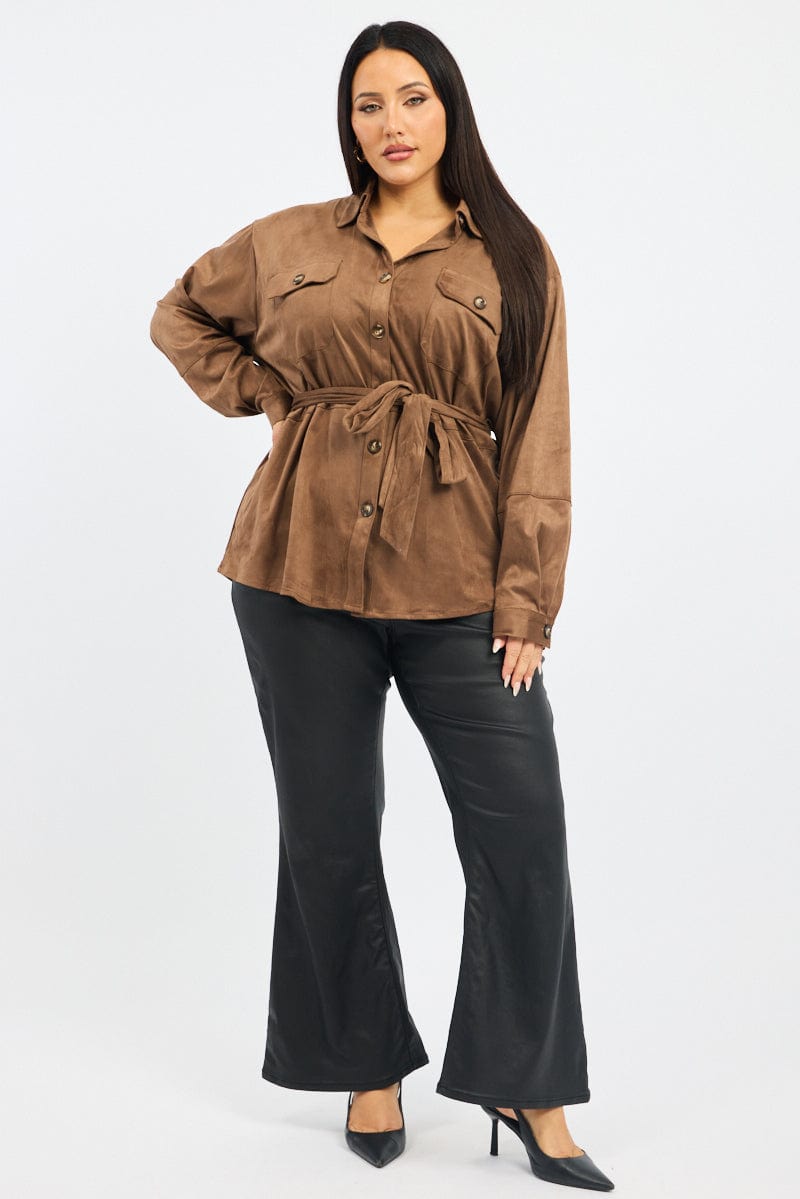 Brown Suede Shirt Long Sleeve Belted for YouandAll Fashion