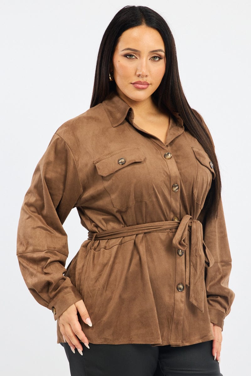 Brown Suede Shirt Long Sleeve Belted for YouandAll Fashion