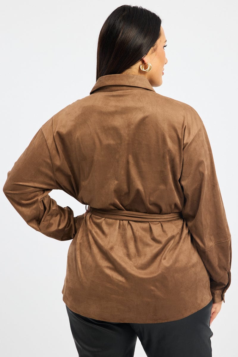 Brown Suede Shirt Long Sleeve Belted for YouandAll Fashion