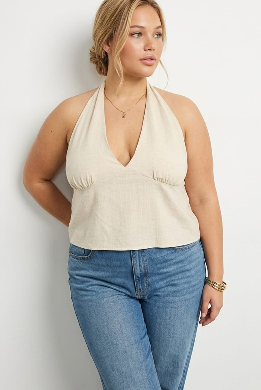 Beige Halter Top Sleeveless Linen Blend for YouandAll Fashion