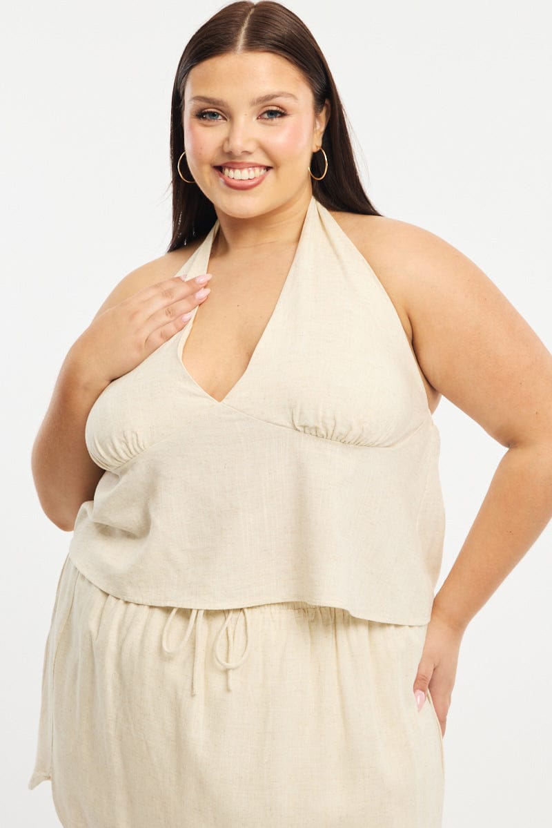 Beige Halter Top Sleeveless Linen Blend for YouandAll Fashion